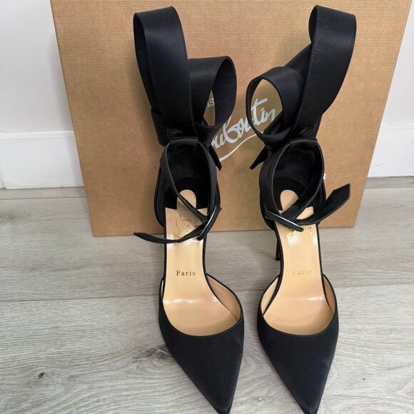 Christian Louboutin Crepe Satin Raissa 100 Ankle Strap Pumps 37.5 Black US 7 - Picture 7 of 9